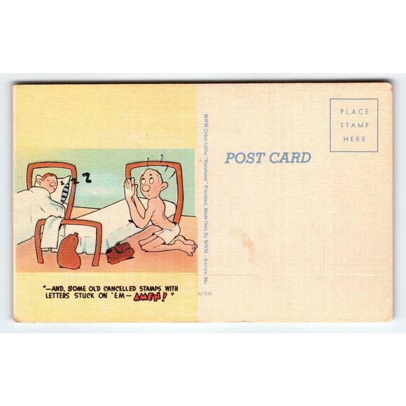 Vintage 1940s Linen Comic Postcard Praying Man & Sleeping Friend Wartime - Picture 1 of 2